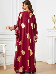 Elegant wine red kaftan with gold leaf patterns and embroidered sleeves for women
