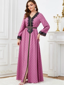 Elegant purple polka dot long sleeve maxi dress with lace trim and gold buttons