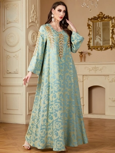 Robe Maxi Abaya Kaftan Pour Femmes Avec Broderie Dorée Et Satin Jacquard Design À Manches Longues Pour Soirées Formelles