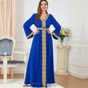 Elegant royal blue kaftan maxi dress with gold floral embroidery and long bell sleeves