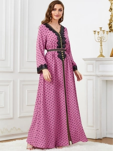 Elegant purple V-neck maxi dress with long sleeves, black polka dots and lace trim detail