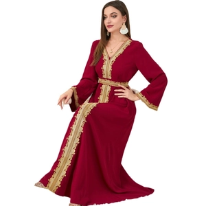 Elegant deep red long sleeve kaftan dress with gold lace embroidery and V-neckline