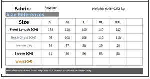 Tableau des tailles détaillé pour robe longue brodée montrant les mesures buste et longueur
