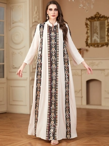 Elegant beige Abaya maxi dress with floral sequin embroidery and V-neckline detail