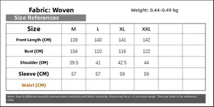 Detailed size chart for long sequin embroidered dress with fabric and weight info