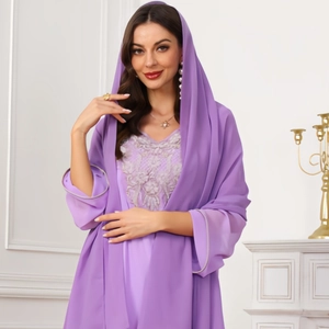 Elegant purple chiffon Muslim abaya set with floral embroidery and matching hijab for women