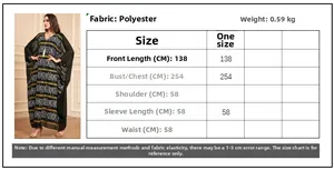 Tableau détaillé des tailles pour robe caftan ample en mousseline avec manches à glands