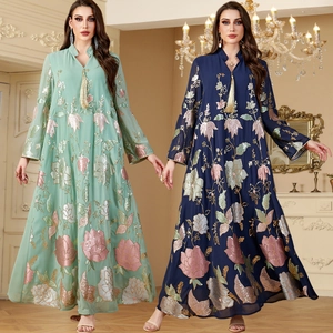 Robe Maxi pour Femmes Broderie de Paillettes Florale Ethnique Caftan Abaya Manches Longues Mousseline Gland Musulman