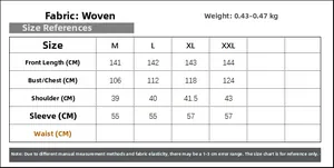 Size chart for women's elegant embroidered long robe with detailed woven fabric dimensions