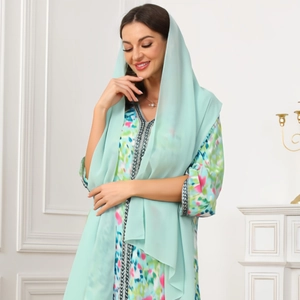 Elegant floral print chiffon Muslim long dress set with a solid mint green hijab wrap