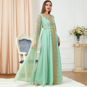 Elegant mint green chiffon abaya dress with luxury gold embroidery and cape sleeves