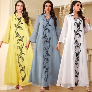 Women Elegant Embroidery Kaftan Abaya Muslim Maxi Dress Long Sleeve Stand Collar Ethnic Formal Party Long Dress Polyester