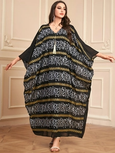 Robe caftan ample élégante avec broderie dorée et glands pour femmes, robe longue cheville