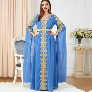 Elegant blue chiffon V-neck kaftan maxi dress with gold floral embroidery and braided belt