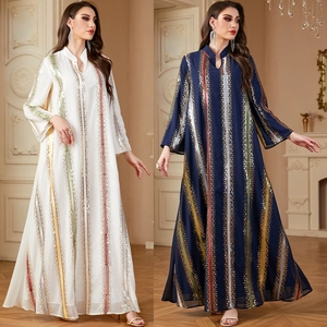 Women Elegant Muslim Abaya Dress Colorful Sequin Striped Long Sleeve Chiffon Kaftan Maxi Robe For Ethnic Party Evening Ceremony Fashion