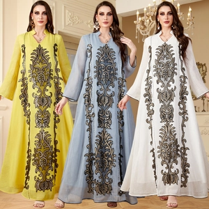 Robe Maxi Kaftan Abaya Ethnique Femme Élégante Manches Longues Broderie Robe Musulmane pour Fête Mariage Robe Formelle