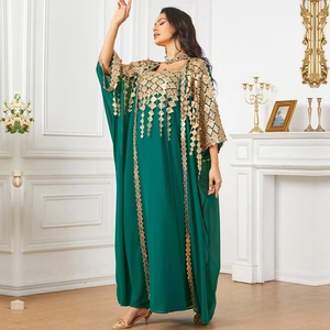 Elegant dark green kaftan dress with intricate gold geometric sequins and long sleeves
