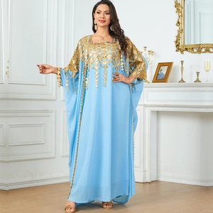 Elegant light blue kaftan dress with golden geometric embroidery and sequins for women