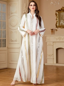 Detailed embroidery and vertical sequin stripes on white chiffon kaftan dress