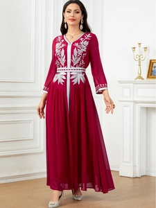 Elegant wine red long dress with silver floral embroidery on chest and waist detail