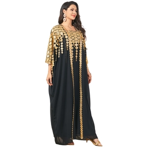 Elegant black kaftan maxi dress with gold geometric embroidery and long sleeves