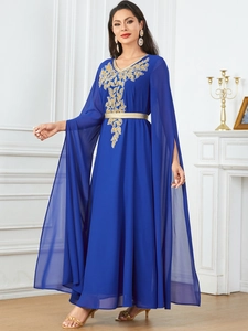 Deep blue kaftan dress with gold sequin leaf embroidery and split wide sleeves detail