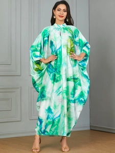 Robe Maxi Kaftan Femme Manche Chauve-souris Vert Imprimé Plume Abstrait Large Ethnique Musulmane Aspect Satin Pour Vacances