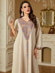 Women Ethnic Style Kaftan Maxi Dress Sequin Embroidery V-Neck Long Sleeve Muslim Abaya Loose Casual Banquet Gown