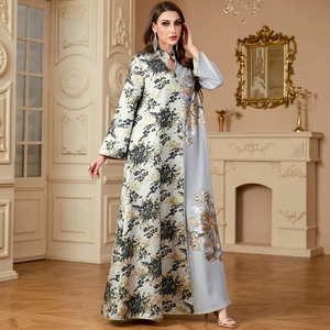 Elegant V-neck jacquard kaftan dress with contrast patchwork and floral embroidery