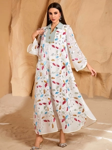 White chiffon embroidered kaftan with colorful leaf sequins and flared sleeves