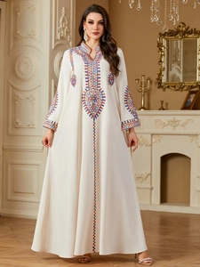 Women's Ethnic Embroidery Long Sleeve Maxi Dress Loose Fit Sequin Kaftan Abaya Muslim Style Gown For Banquet Casual Wear