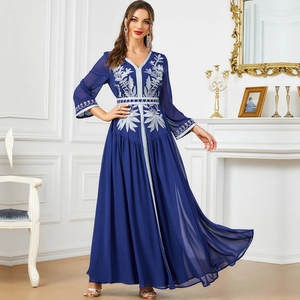 Elegant navy blue embroidered chiffon kaftan dress with long sleeves and V-neckline