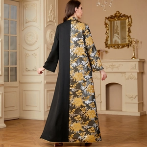 Elegant V-neck jacquard patchwork abaya robe with gold floral embroidery and long sleeves