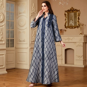 Elegant grey V-neck long abaya dress with blue sequin embroidery and diamond pattern