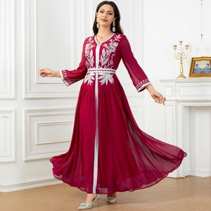 Elegant wine red kaftan maxi dress featuring intricate silver floral embroidery on chiffon
