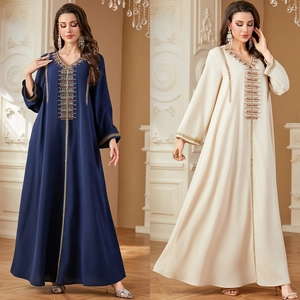 Women Ethnic Kaftan Abaya Maxi Dress Elegant Embroidered Beaded V-Neck Long Sleeve Royal Blue Cream Muslim Robe Dress