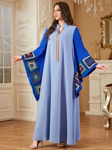 Damen Ethno Kaftan Abaya Muslimisches Maxikleid Patchwork Kontrastfarbe Pailletten Geometrische Stickerei Lockere Lange Robe
