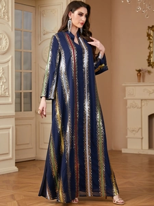 Detail view of navy blue chiffon Abaya with vertical colorful sequin stripes and V-neckline