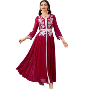 Elegant deep magenta embroidery kaftan maxi dress with silver sequins and V-neckline