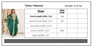 Detailed size chart for the emerald green batwing kaftan dress with golden embroidery