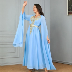 Elegant light blue long dress with gold embroidery and wide flare sleeves for women