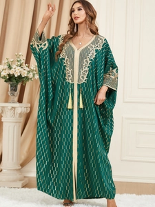 Deep green Kaftan maxi dress with gold foil stripes and floral lace embroidery accents