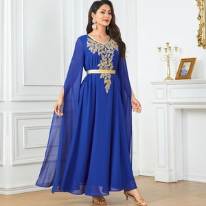 Elegant royal blue kaftan dress with gold embroidery and cape sleeves for special events