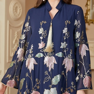 Navy blue embroidered long robe with sequin floral patterns and tassel details
