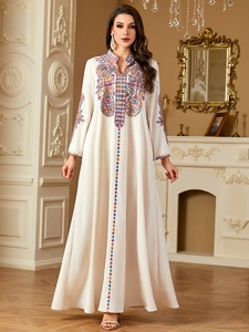 Elegantes Damen Ethno Bestickt Pailletten Kaftan Maxikleid Vintage Stehkragen Langarm Locker Abaya Luxuriöse Robe