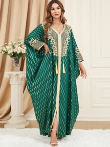 Women Ethnic Green Maxi Kaftan Dress Gold Embroidery Tassels Batwing Long Sleeve V-Neck Loose Abaya Party Robe Dress