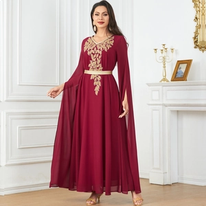 Elegant wine red maxi dress with gold leaf embroidery and cape sleeves for formal wear