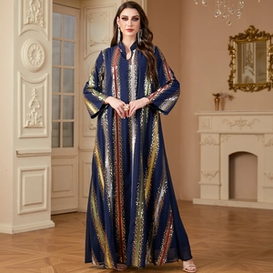 Elegant navy blue chiffon kaftan with colorful stripes and gold sequin embroidery details