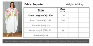 Size chart showing polyester floral print kaftan dress dimensions and fabric details