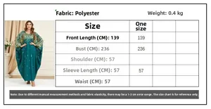 Size guide for loose green batwing sleeve maxi dress with gold foil details